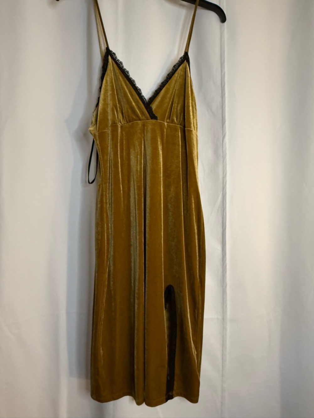 Forever 21 Mustard Velvet Slip Midi Dress with Black Lace Trim